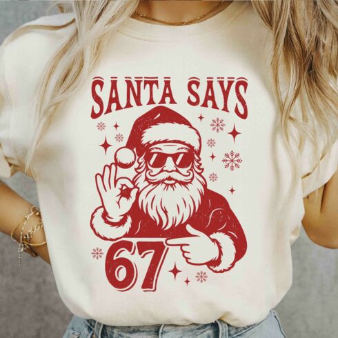 santa says six seven funny christmas t shirt design cover image.