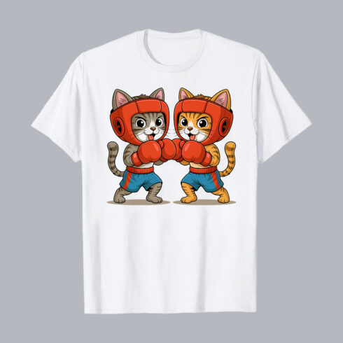 Cute Boxing Cats Cartoon Animal Illustration PNG PSD Love T shirt Design cover image.