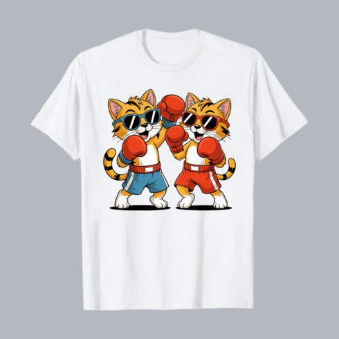Cool Boxing Cats Wearing Sunglasses Cartoon PNG PSD Love T shirt Design cover image.