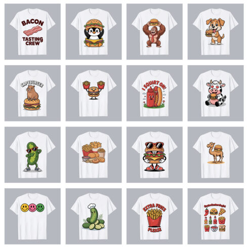 17 print Ready Funny Cute Food Animal T-Shirt Bundle Collection PNG PSD Food T shirt Design cover image.