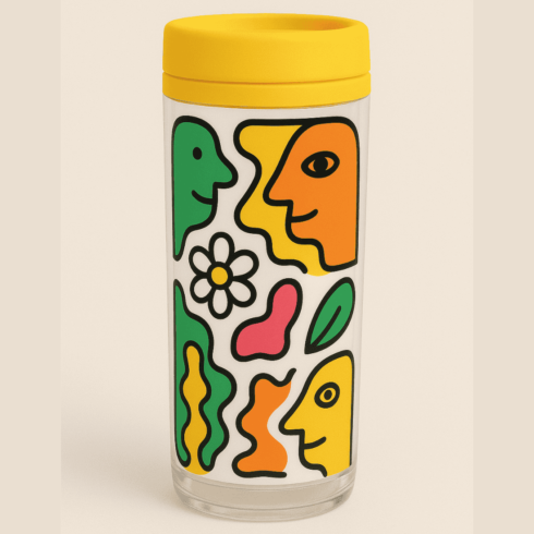 “Vibrant Voyage: Multicolor Cartoon Travel Mug Duo” cover image.