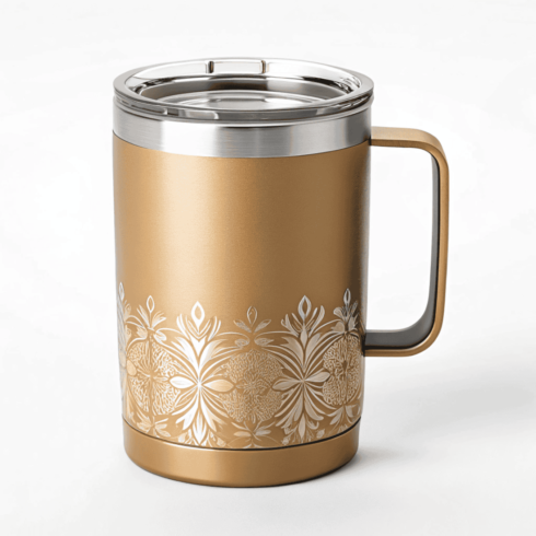 “Golden Brown & Black Elegance Mug Duo with Silver Transparent Lids” cover image.