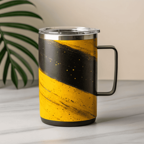 “Designer Mug Duo Mockups – Yellow/Black Edition with Transparent Lid” cover image.