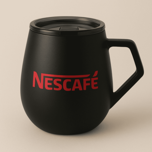 Nescafé Modern Palette Duo – Black and Mustard Yellow Mug Mockups with Clear Lid cover image.