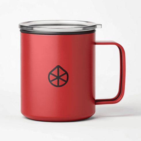 Dual-Tone Insulated Mug Mockup (Red & Blue) with Transparent Lid cover image.