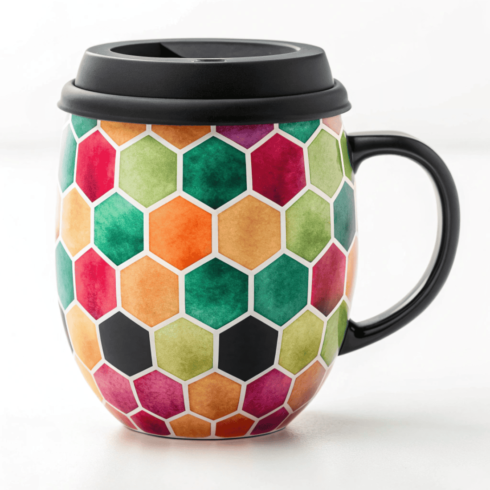 Multicolour Hexagon Insulated Mug Mockup Pair with Black Lid cover image.