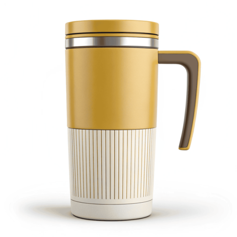 Stylish Mustard Yellow and White Leak-Proof Travel Mug Mockups cover image.