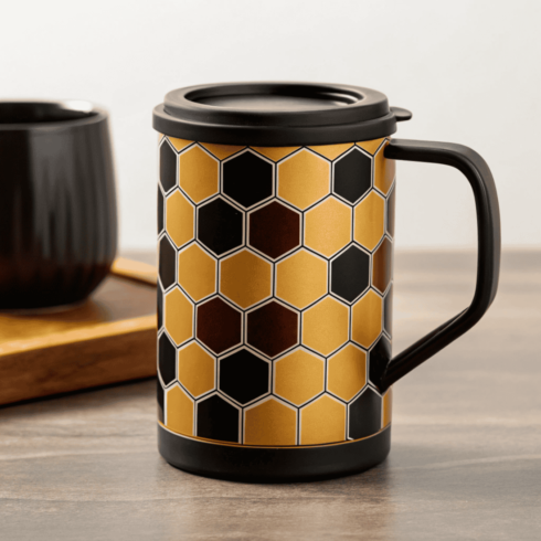 Bold Hexagon Pattern Mug Mockup Pair in Yellow, Brown & Black with black lid cover image.
