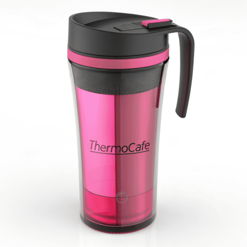 Thermocafe Translucent Travel Mug Duo Mockup in black and hot pink color combination cover image.