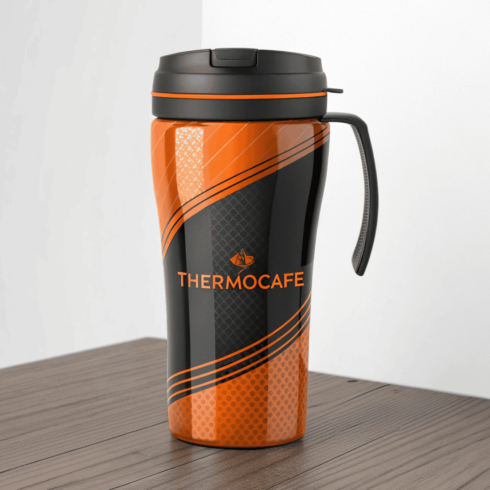 Bright Orange & Black Thermocafe Travel Mug Mockup Duo cover image.