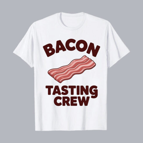 Bacon Tasting Crew text with wavy bacon strip food PNG PSD Food T shirt cover image.