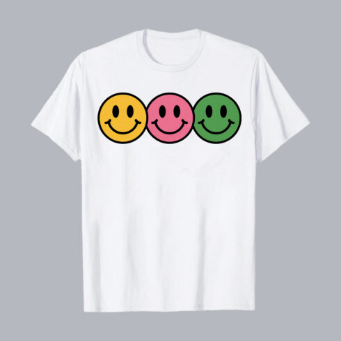 Colorful Triple Smiley Face Retro Aesthetic Design food PNG PSD Food T shirt Design cover image.