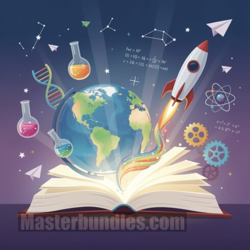 Open Book with Globe and Rocket – Colorful Science & Imagination Illustration cover image.
