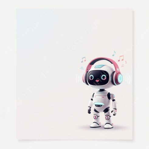 Colorful Poster Featuring a Cute Robot with Headphones, Music Theme, and Copy Space, poster with Cute Robot Wearing Music Headphones and Copy Space cover image.