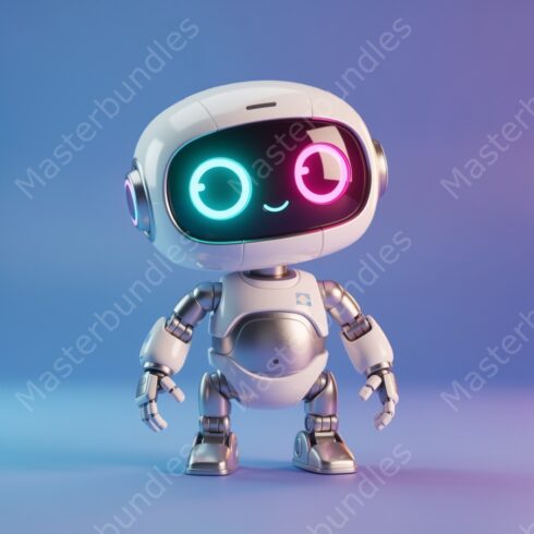 Friendly 3D Robot with Glowing Eyes on Simple Background Adorable 3D Cartoon Robot with Neon Glowing Eyes cover image.