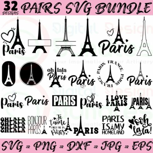 Paris SVG Bundle (32 Designs) – Eiffel Tower & Paris Landmarks SVG PNG JPG EPS DXF cover image.