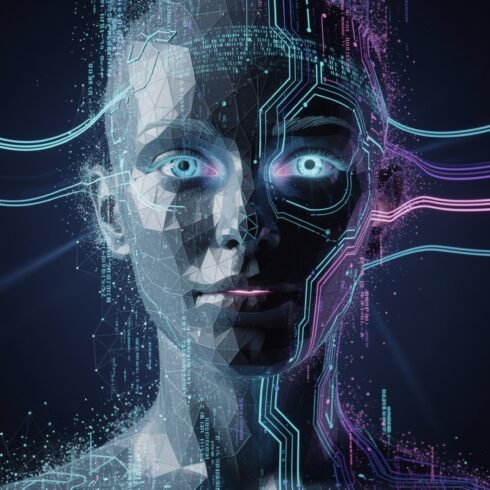 Abstract Digital Human Face Representing Artificial Intelligence, Big Data, and Cyber Security – Futuristic 3D Render cover image.