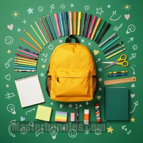 Back to School Essentials Illustration – Yellow Backpack, School Supplies & Playful Doodles cover image.