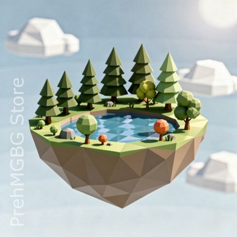 Peaceful Low-Poly Floating Island 3D Illustration Featuring a Serene Lake, Stylized Trees, and Minimalist Geometric Landscape cover image.