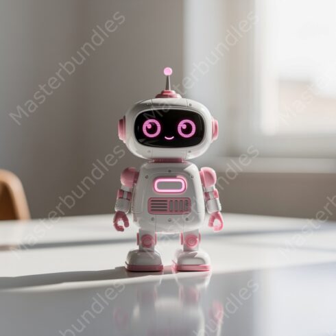 Cute Little Retro Robot Standing on a Surface in Daylight with Soft Pink Accents, Little Retro Robot with Pink Accents Standing in Daylight cover image.