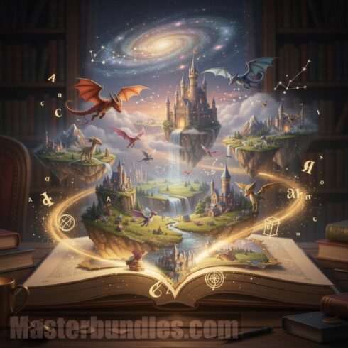 Fantasy World Inside an Open Book Illustration Bundle – Imagination, Education & Creative Learning cover image.