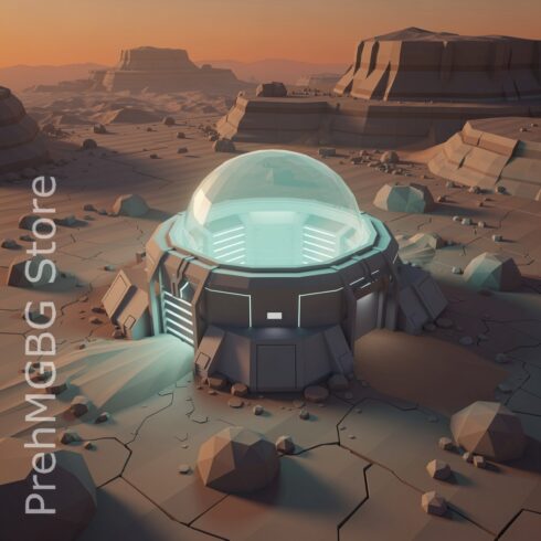 Mysterious Futuristic Structure with Glowing Energy Dome Partially Buried in Rock cover image.