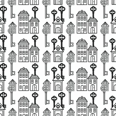 Seamless Black and White Pattern with Buildings and Keys – Urban Architectural Design cover image.