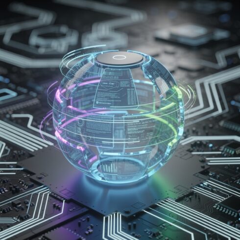Futuristic Digital Sphere with Glowing Segments and Circuit Board Background – Technology, Data Analysis, and Innovation Concept cover image.