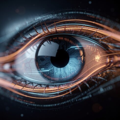 Abstract Digital Eye Close-Up with Neon Blue and Orange Light Trails – Futuristic Technology and Artificial Intelligence Concept cover image.