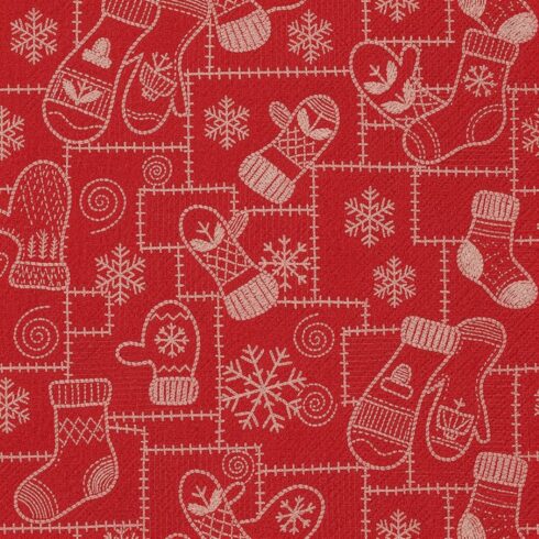 Red Christmas Seamless Pattern with White Snowflakes, Mittens and Socks – Patchwork Embroidered Holiday Design cover image.