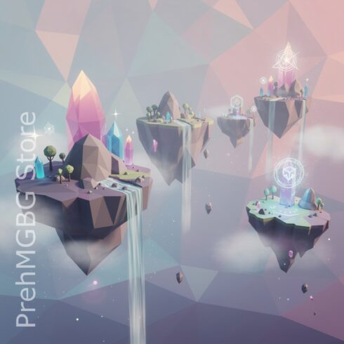Abstract Polygonal Fantasy Background with Low Poly Floating Islands and Dreamlike Atmosphere cover image.
