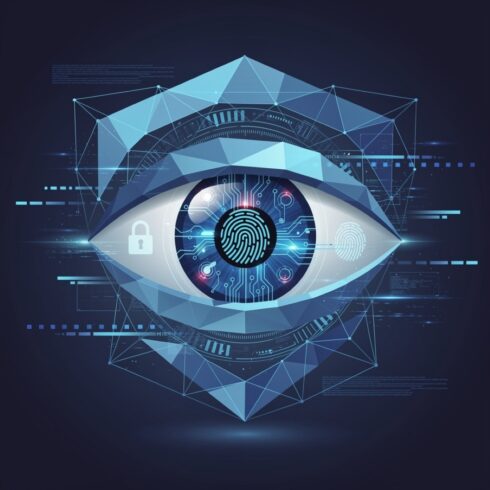 Human Android Cyborg Eye with Blue Polygonal Vector – Futuristic Control, Internet Security, and Scientific Technology Concept cover image.