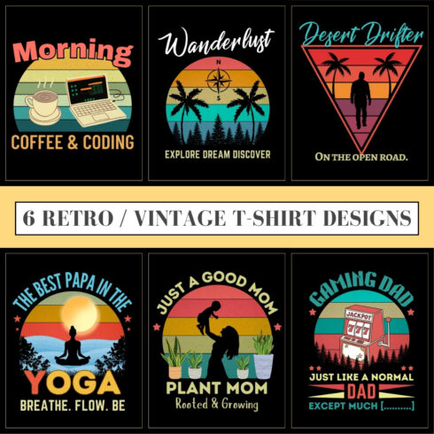 6 Retro / Vintage T-Shirt Desings Bundle cover image.