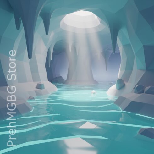 Low Poly Melting Ice Cave with Turquoise Water Flowing Out – 3D Render Fantasy Environment cover image.
