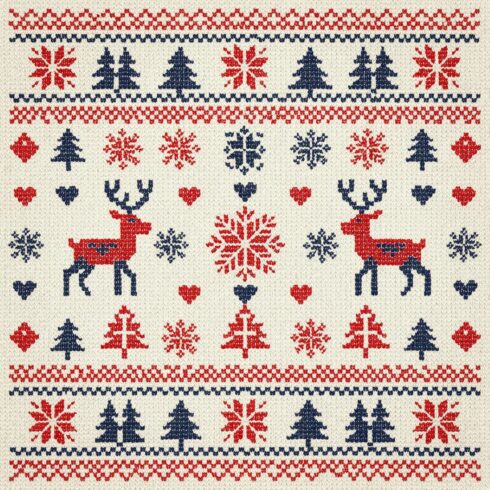 Scandinavian Nordic Winter Knit Seamless Pattern in Square Tiles β Snowflakes, Reindeers and Christmas Motifs in Red and Blue cover image.
