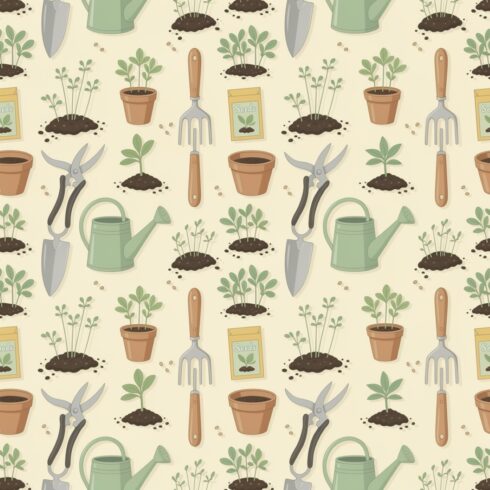 Seamless Garden Tools and Seedlings Pattern – Fresh Spring Gardening Design cover image.