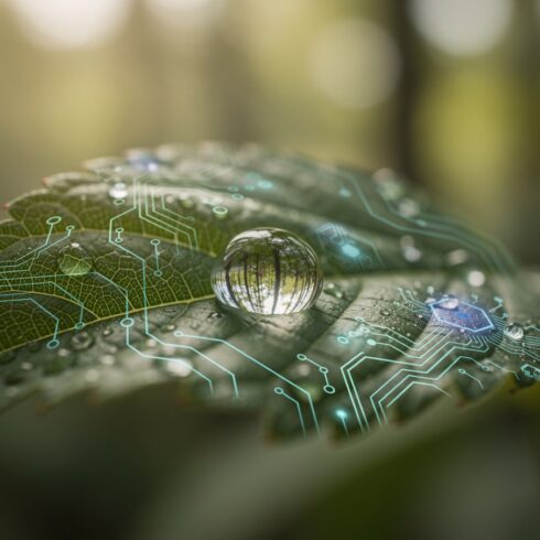 Digital Leaf with Water Droplet Close-Up – Abstract Nature and Futuristic Design Concept cover image.