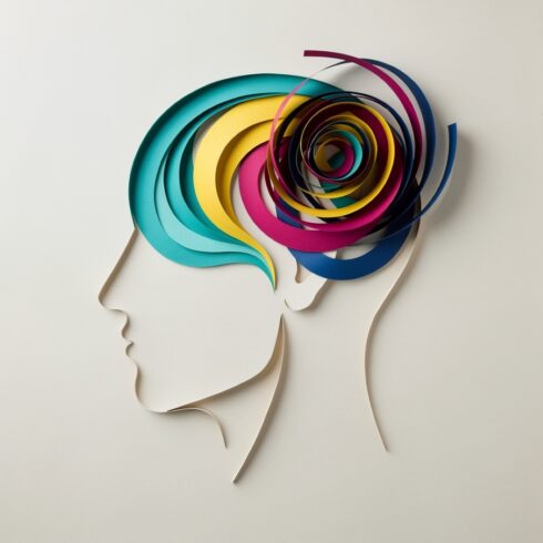 Abstract Paper Art Illustration of a Human Head with Swirling Thoughts Concept and Creative Mind Design cover image.