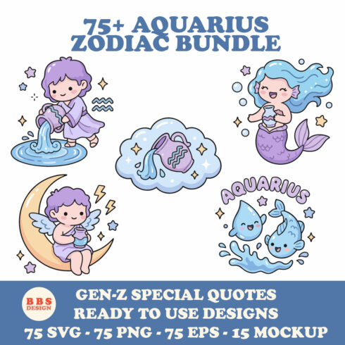 75+ Aquarius Zodiac Bundle - Kawaii Chibi Water Bearer SVGs & Gen-Z Quotes cover image.
