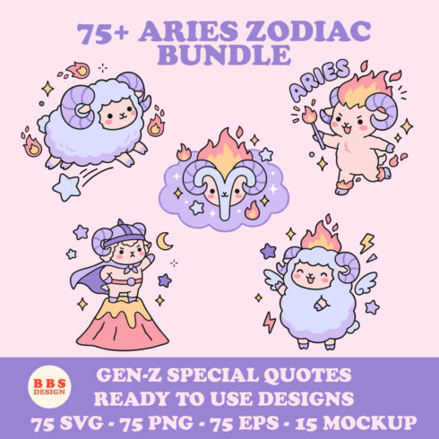 Kawaii Aries Zodiac SVG Bundle - 75+ Chibi Astrology Clipart & Gen-Z Quotes - Pastel Horoscope Vectors for Sublimation, Stickers & Digital Planning cover image.