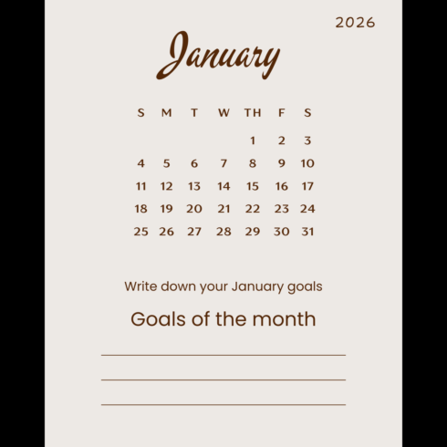 Brown Simple January Goals Calendar 2026 cover image.