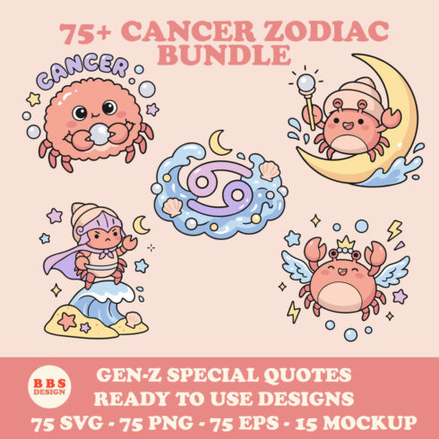 75+ Kawaii Cancer Zodiac Bundle - Chibi Crab SVG & Gen-Z Astrology Quotes cover image.