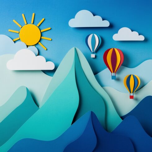 Creative and Colourful Paper Art Illustration Featuring Sun, Clouds, Mountains, and Hot Air Balloons cover image.
