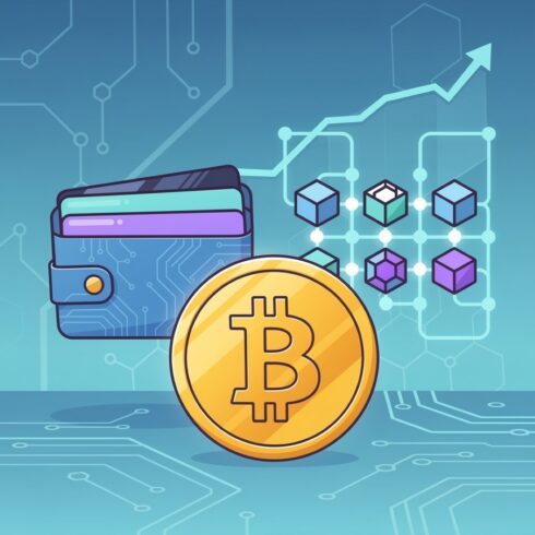 Cryptocurrency Vector Illustration with Bitcoin Coin, Digital Wallet, and Blockchain Symbols cover image.
