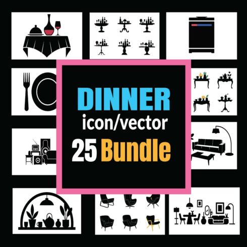 25 Dinner & Dining Table Icon Set | Restaurant Furniture Vector (EPS10, SVG) cover image.