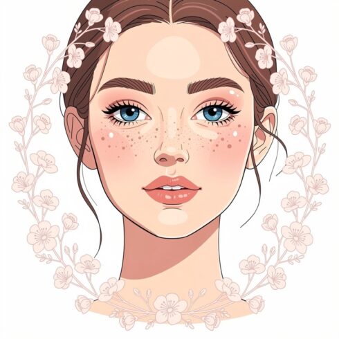 Wellness Beauty Hand-Drawn Portrait Close-Up of a Captivating Freckled Woman with Blue Eyes cover image.