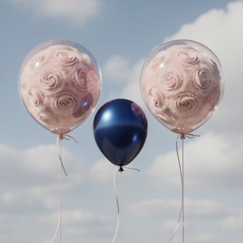 Romantic Fuzzy Hearts and Transparent Balloons with Pink Rose-Like Fur Textures on Deep Blue Background – Abstract Love Collection cover image.