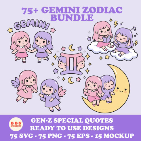 Kawaii Gemini Zodiac SVG Bundle - 75+ Chibi Twin Mascot Clipart & Gen-Z Quotes - Pastel Air Sign Vectors for Sublimation, Stickers & Social Media cover image.