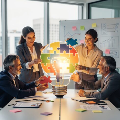 Diverse Team Assembling Lightbulb Puzzle – Teamwork and Innovation Concept cover image.