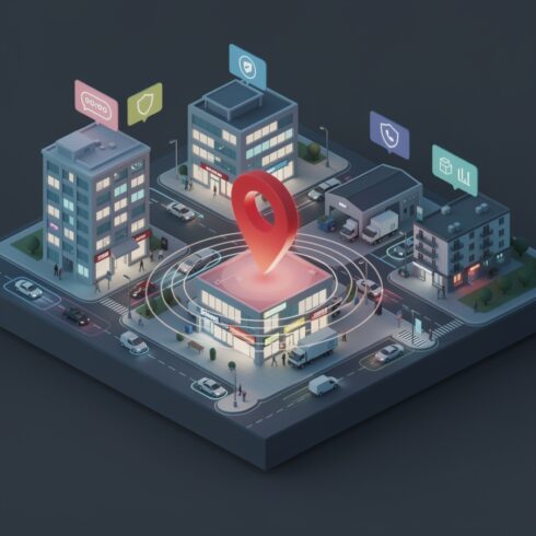 Geofencing Technology Concept – Miniature City with Location Pin cover image.